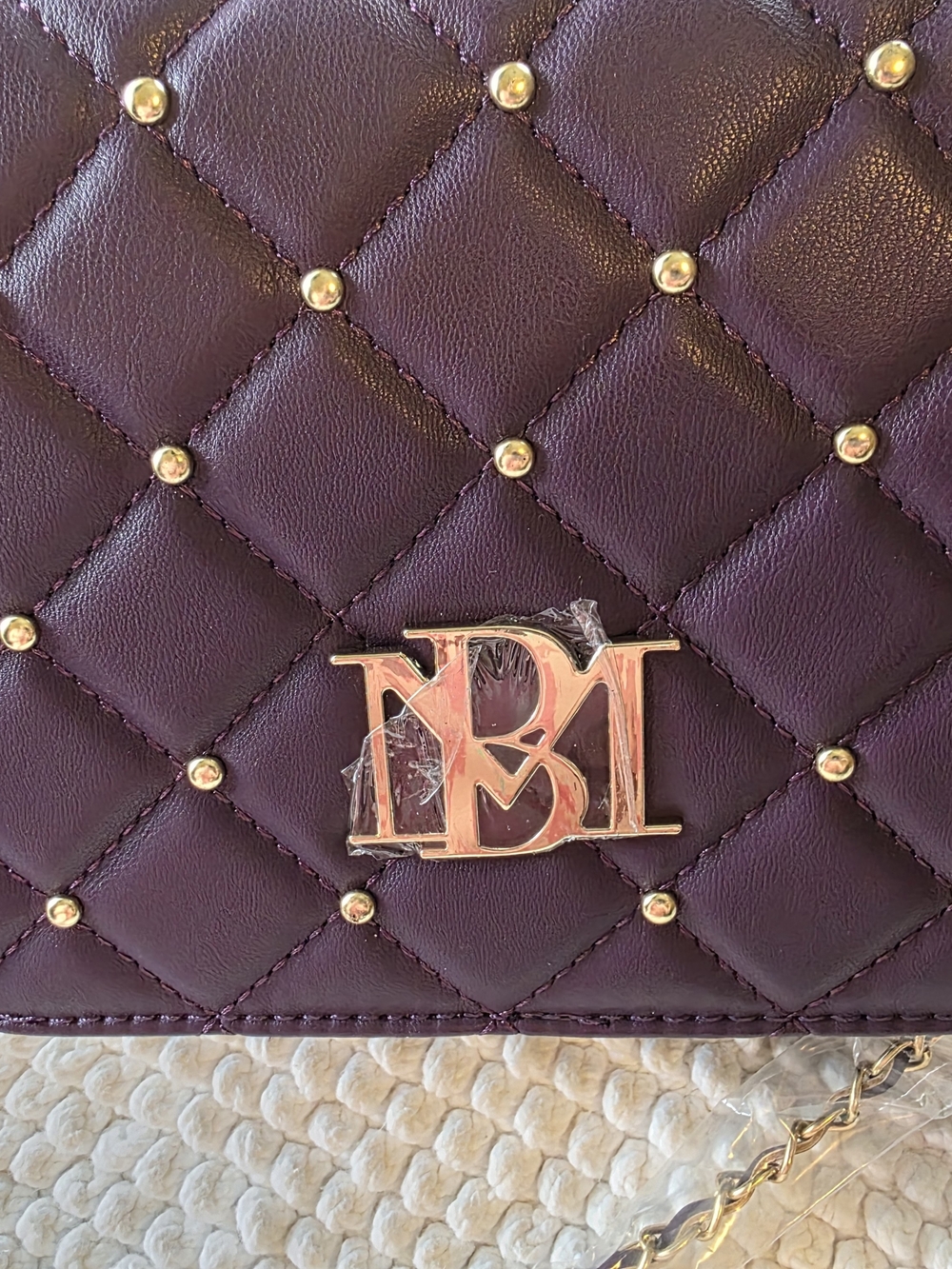 Badgley Mischka Plum Clutch Crossbody With Gold Studded Waffle Design